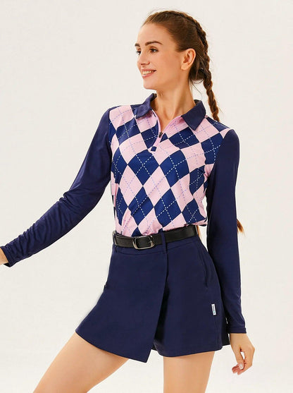 Blue and Pink Checkerboard Lapel Long-sleeve Polo Top for Ladies