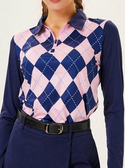 Blue and Pink Checkerboard Lapel Long-sleeve Polo Top for Ladies