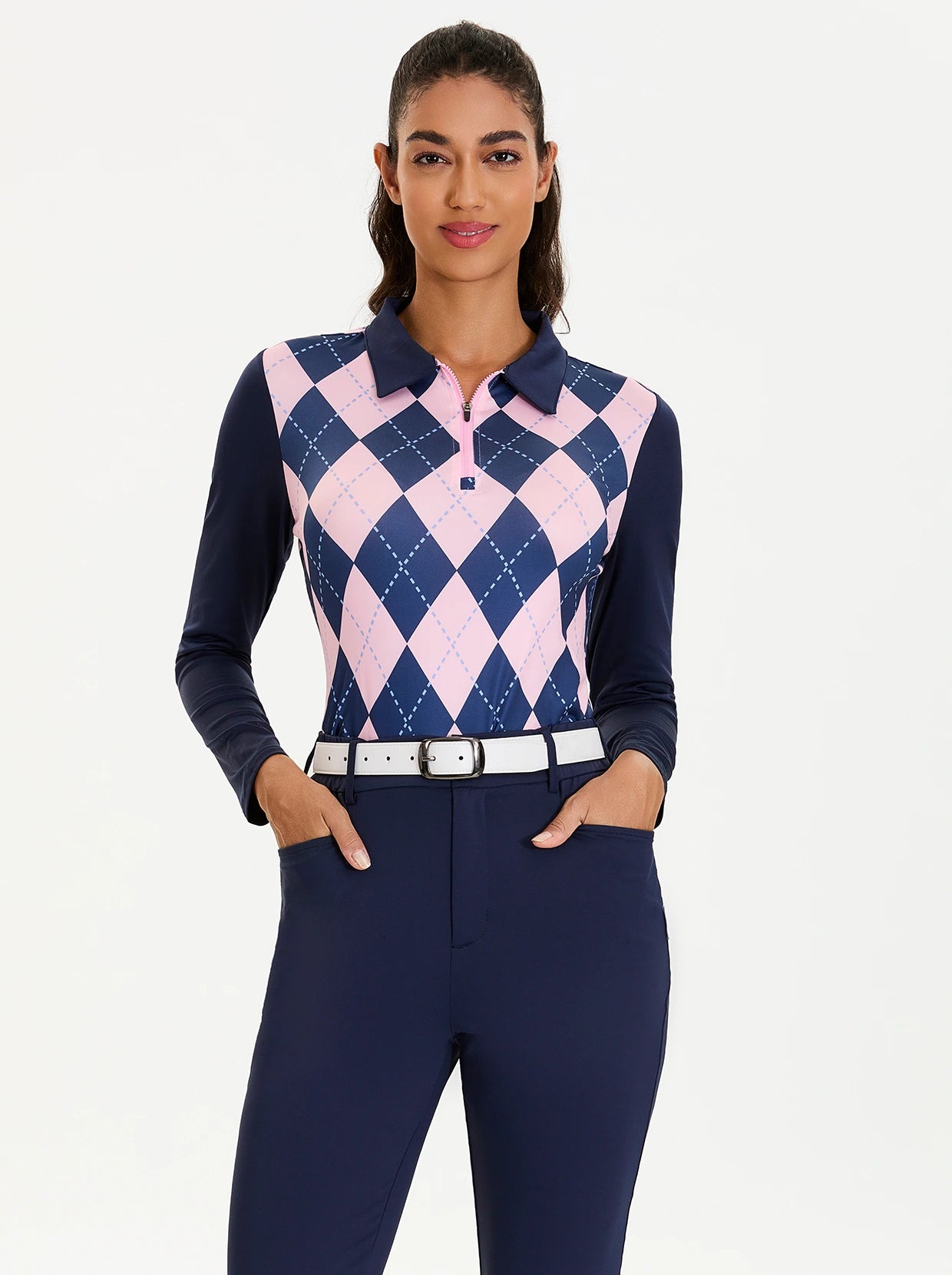 Blue and Pink Checkerboard Lapel Long-sleeve Polo Top for Ladies