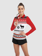 Christmas Reindeer Print Long-sleeve Polo Shirt for Ladies