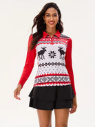 Christmas Reindeer Print Long-sleeve Polo Shirt for Ladies