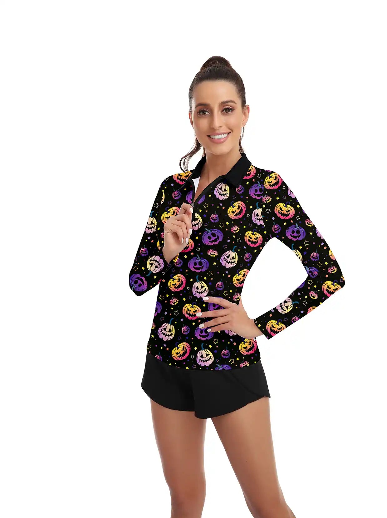 Halloween Fun Pumpkin Pattern Quarter-Zip Long-Sleeve Polo Tops for Ladies