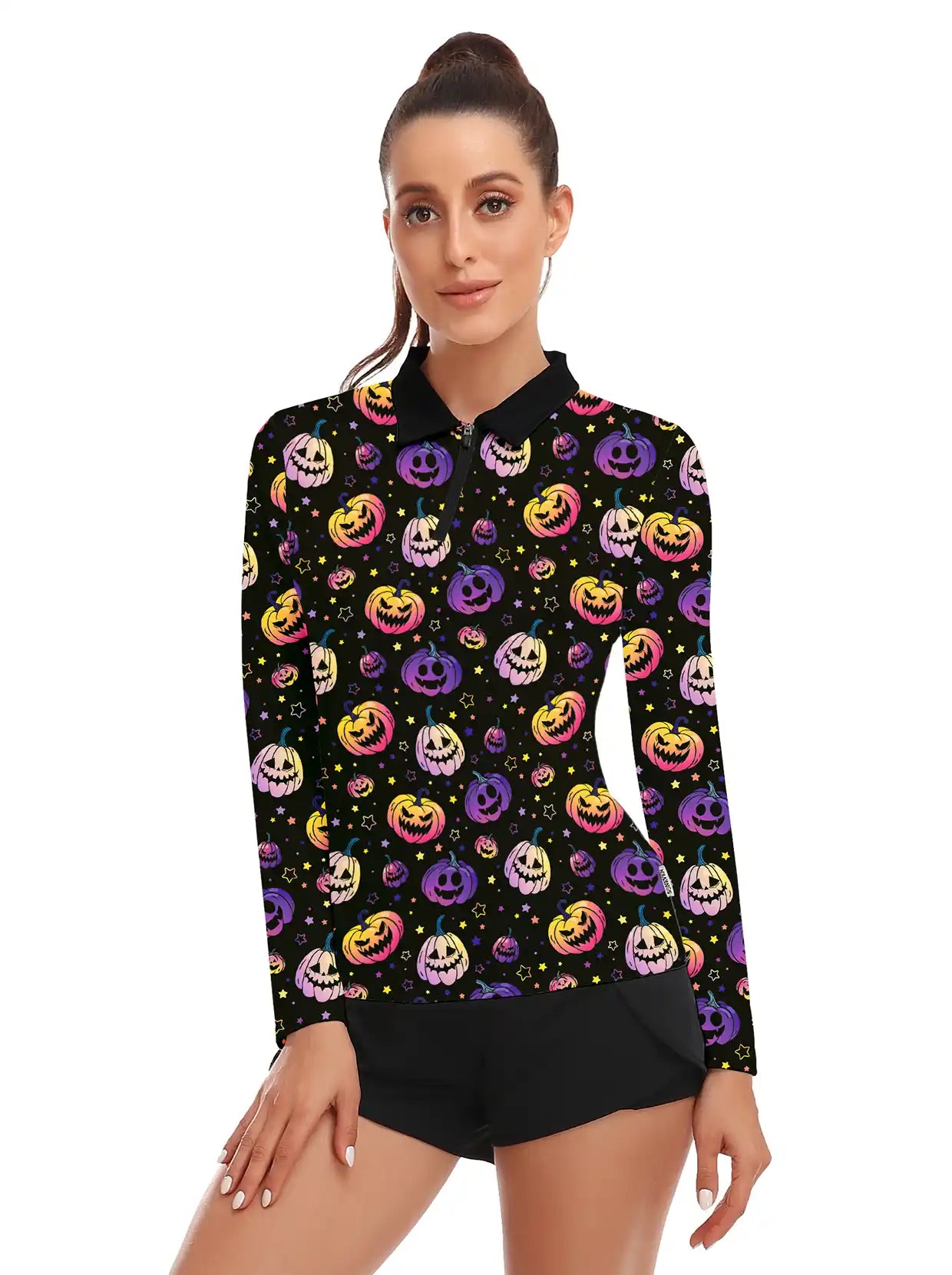 Halloween Fun Pumpkin Pattern Quarter-Zip Long-Sleeve Polo Tops for Ladies