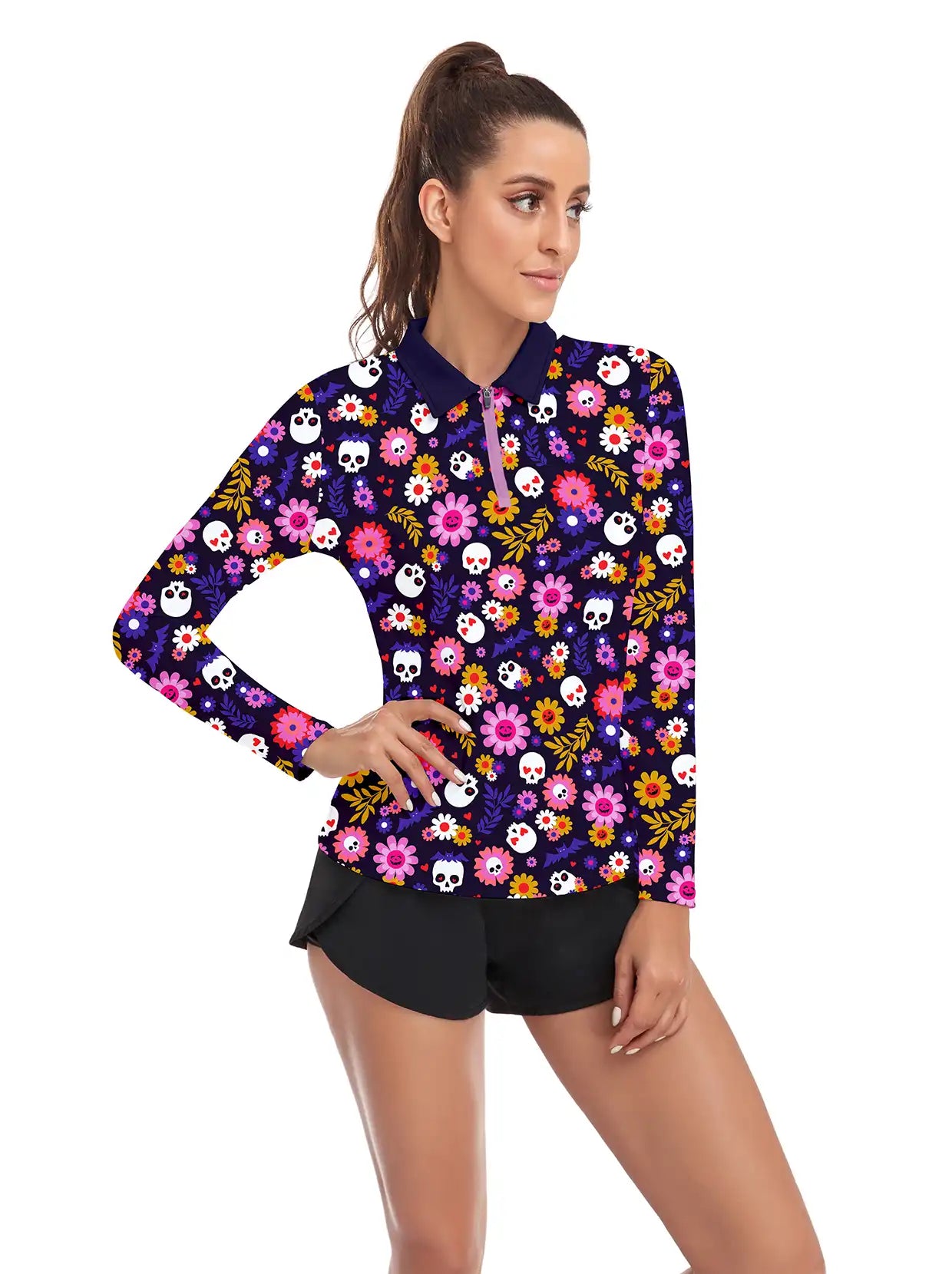 Halloween Chic Skull and Floral Quarter-Zip Long-Sleeve Polo Tops for Ladies