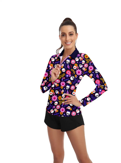 Halloween Chic Skull and Floral Quarter-Zip Long-Sleeve Polo Tops for Ladies