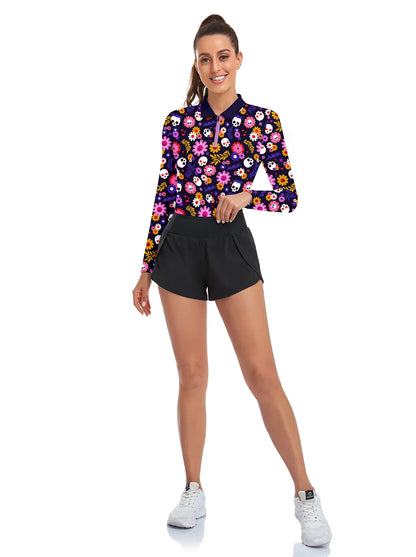 Halloween Chic Skull and Floral Quarter-Zip Long-Sleeve Polo Tops for Ladies