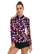 Halloween Skull and Floral Quarter-Zip Long-Sleeve Polo Tops for Ladies 