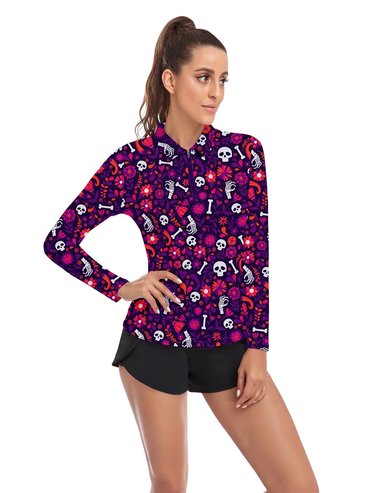 Halloween Red Floral and Skull Quarter-Zip Long-Sleeve Polo Tops for Ladies