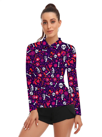 Halloween Red Floral and Skull Quarter-Zip Long-Sleeve Polo Tops for Ladies