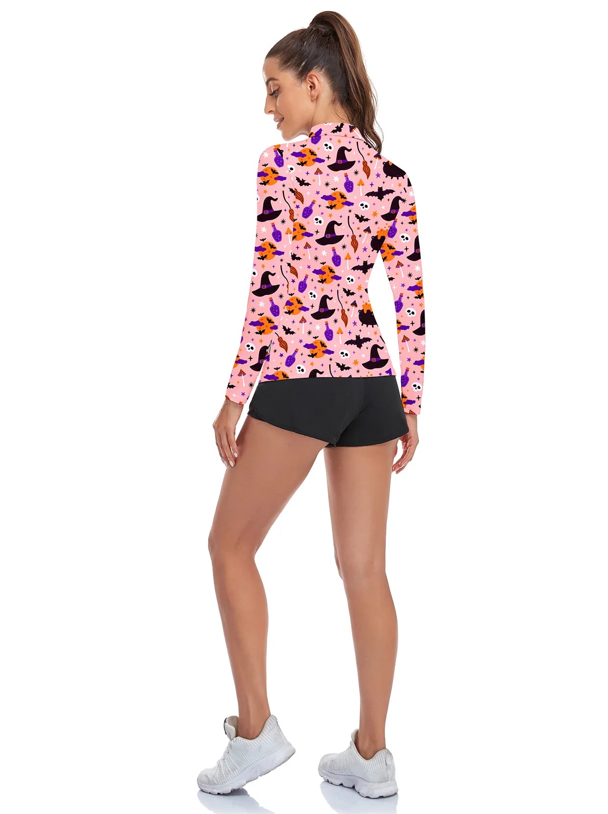 Halloween Witch hat Print Quarter-Zip Long-Sleeve Polo Tops for Ladies