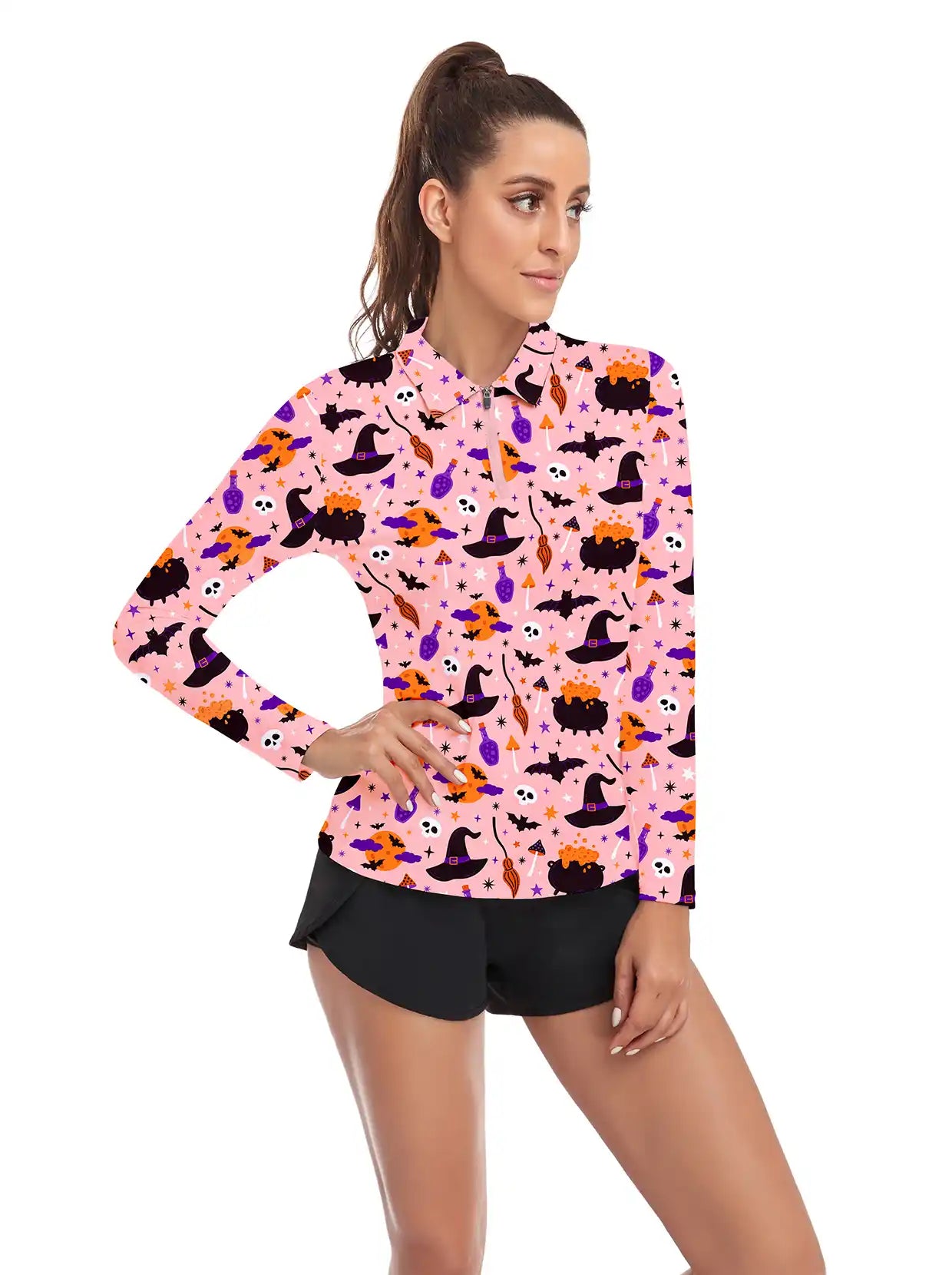 Halloween Witch hat Print Quarter-Zip Long-Sleeve Polo Tops for Ladies