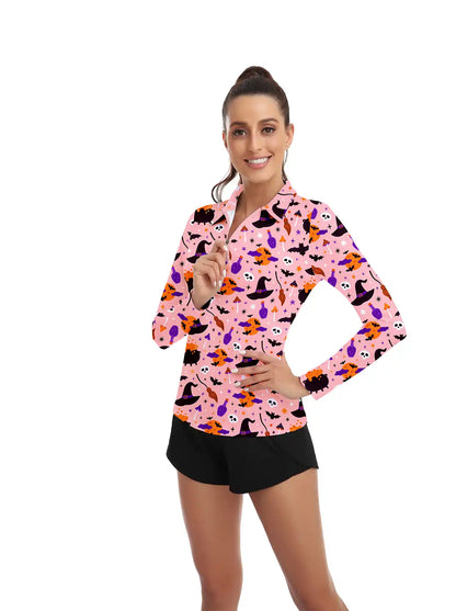 Halloween Witch hat Print Quarter-Zip Long-Sleeve Polo Tops for Ladies