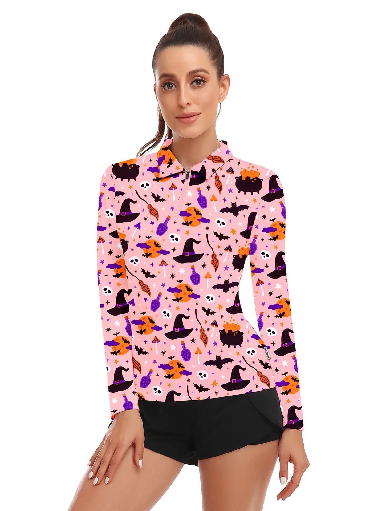 Halloween Witch hat  Quarter-Zip Long-Sleeve Polo Tops for Ladies