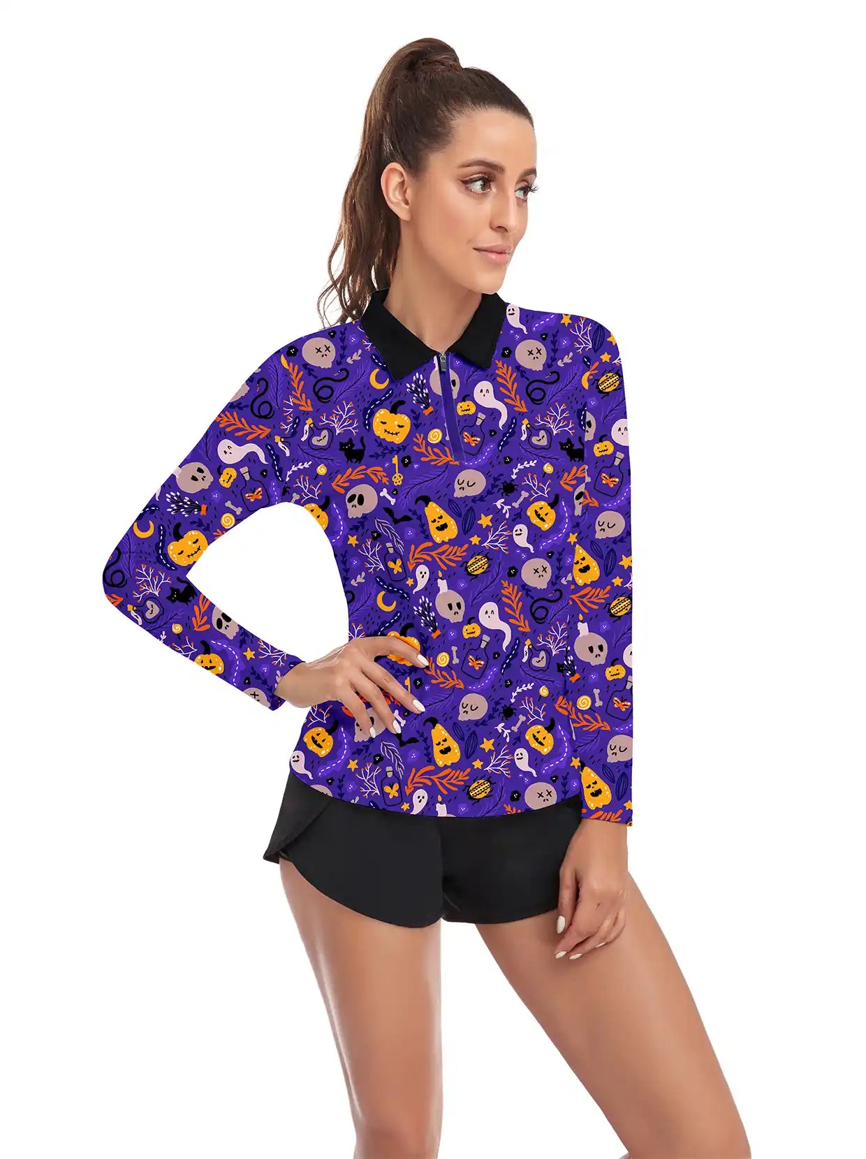 Halloween Pumpkin and Ghost Quarter-Zip Long-Sleeve Polo Tops for Ladies