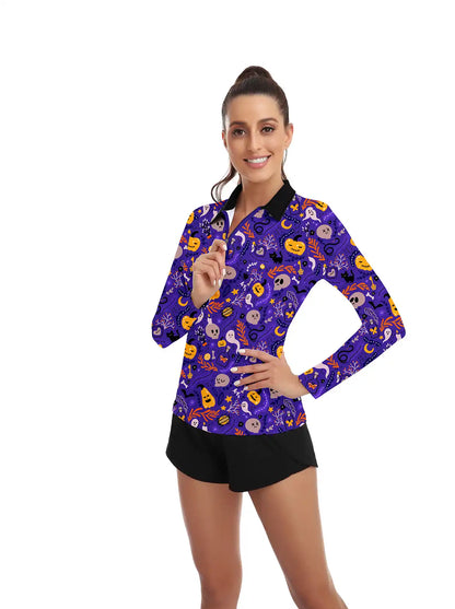 Halloween Pumpkin and Ghost Quarter-Zip Long-Sleeve Polo Tops for Ladies