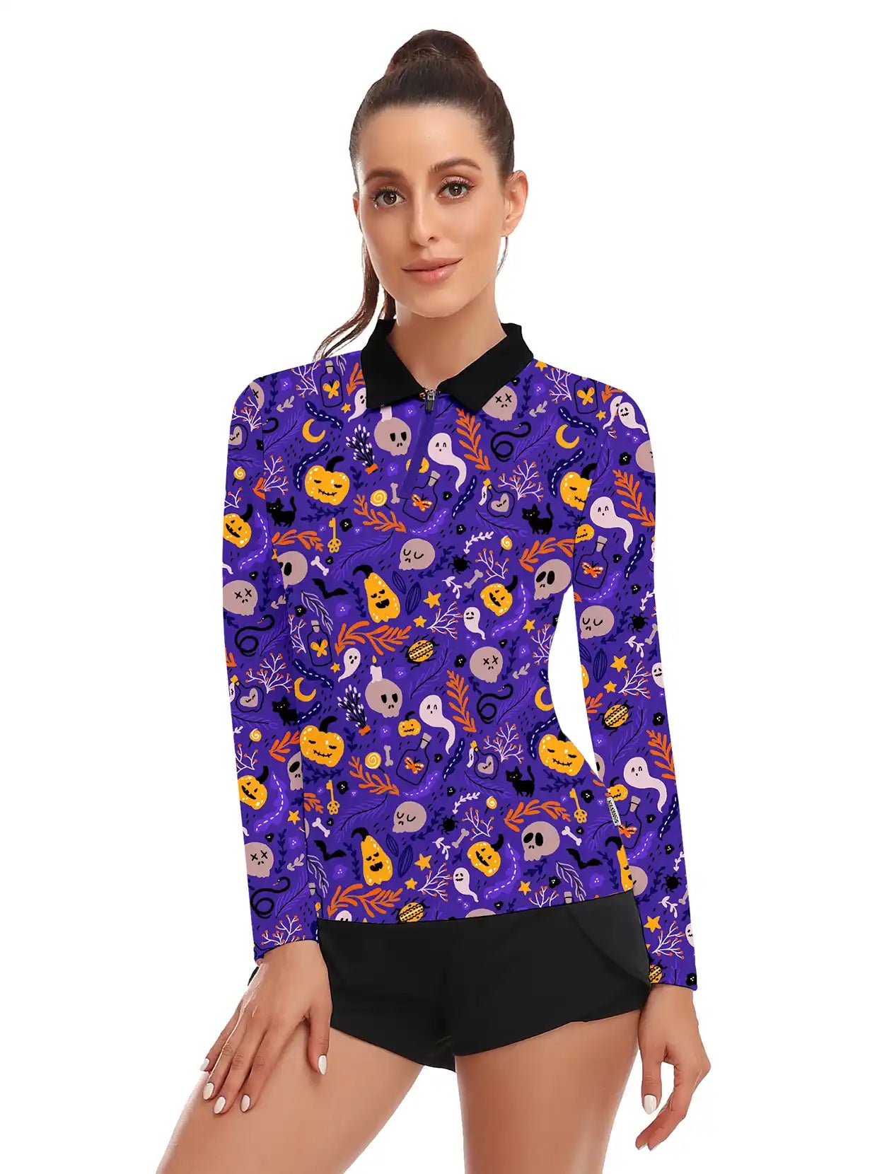 Halloween Pumpkin and Ghost Quarter-Zip Long-Sleeve Polo Tops for Ladies 