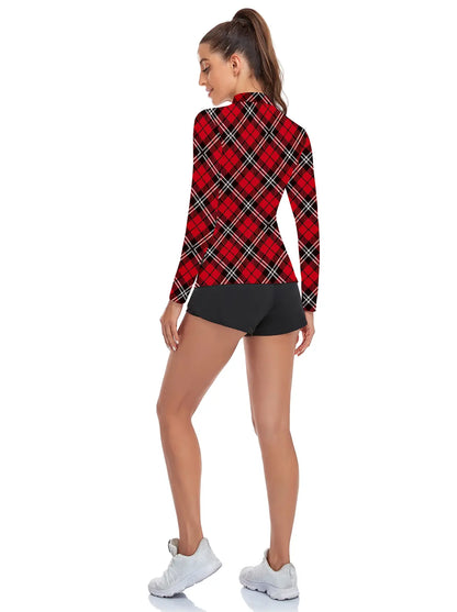 Christmas Red Argyle Quarter-Zip Long-Sleeve Polo Tops for Ladies