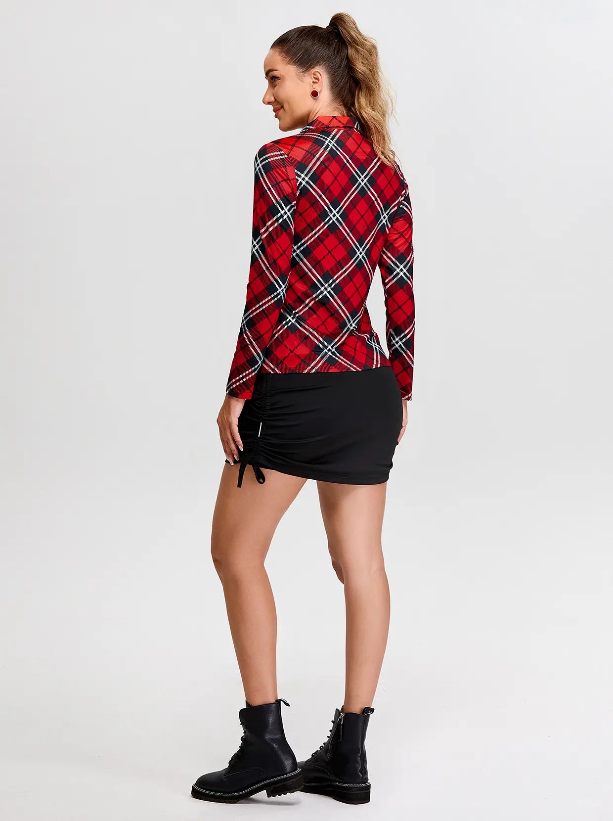 Christmas Red Argyle Quarter-Zip Long-Sleeve Polo Tops for Ladies