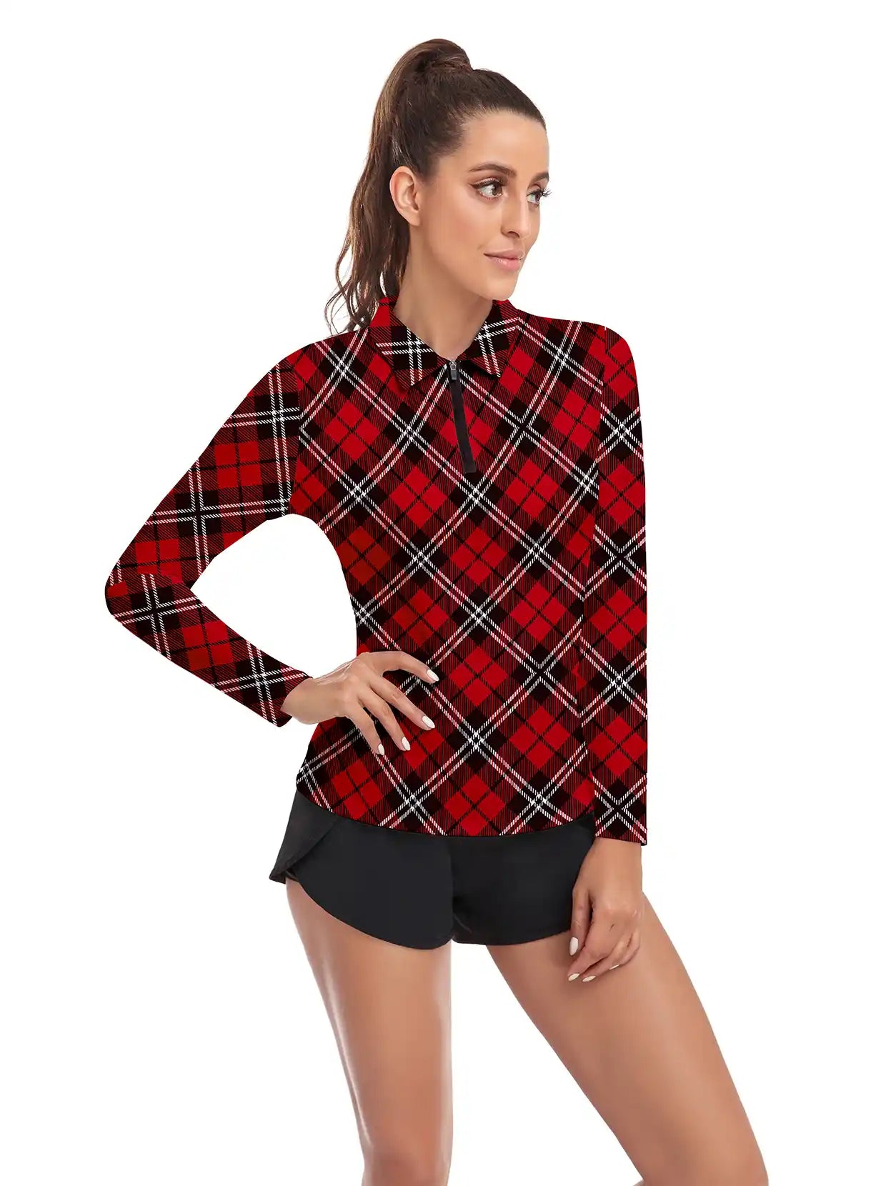 Christmas Red Argyle Quarter-Zip Long-Sleeve Polo Tops for Ladies