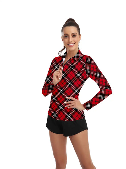 Christmas Red Argyle Quarter-Zip Long-Sleeve Polo Tops for Ladies