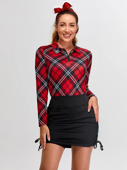 Christmas Red Argyle Quarter-Zip Long-Sleeve Polo Tops for Ladies