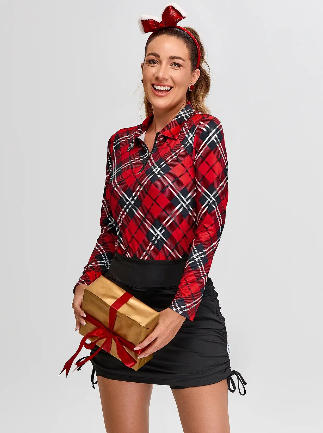 Christmas Red Argyle Quarter-Zip Long-Sleeve Polo Tops for Ladies