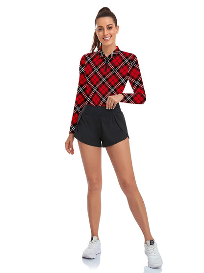 Christmas Red Argyle Quarter-Zip Long-Sleeve Polo Tops for Ladies