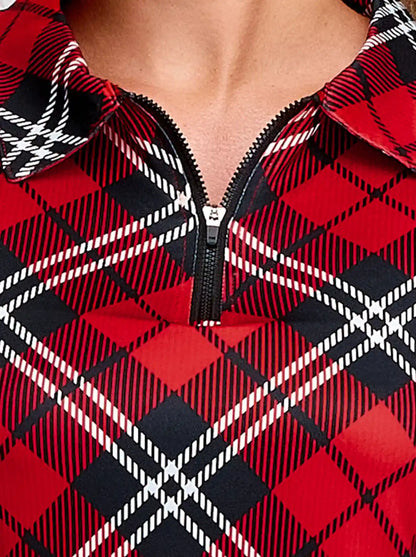 Christmas Red Argyle Quarter-Zip Long-Sleeve Polo Tops for Ladies