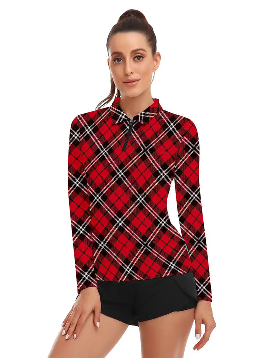 Christmas Red Argyle Quarter-Zip Long-Sleeve Polo Tops for Ladies