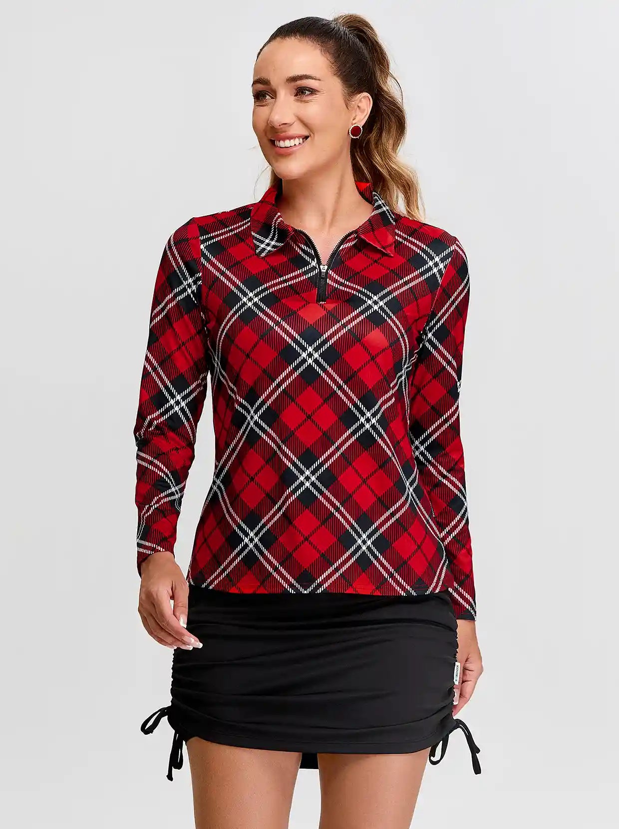 Christmas Red Argyle Quarter-Zip Long-Sleeve Polo Tops for Ladies