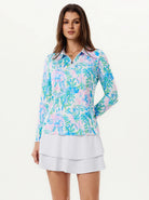 Pink and Blue Floral Quarter-zip Long-sleeve Polo Shirt for Ladies