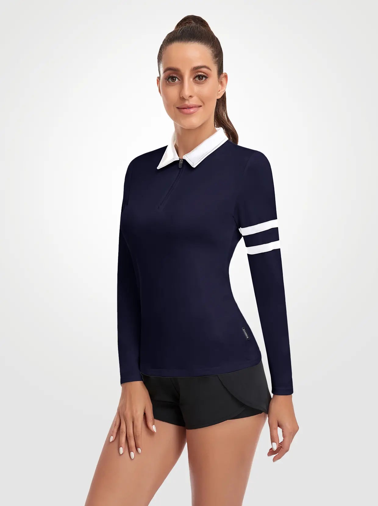 Basic Blue Quarter-zip Long-sleeve Polo Shirt for Ladies 