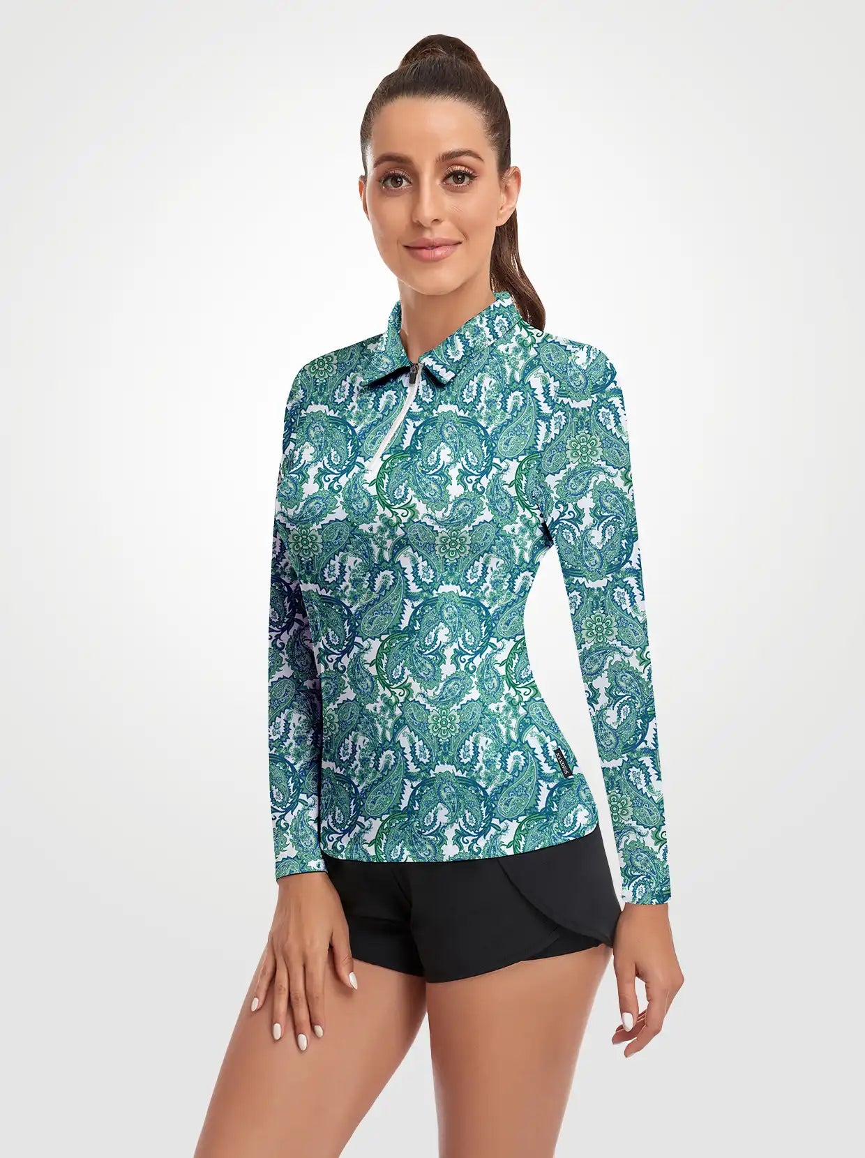 Green Paisley Quarter-zip Long-sleeve Polo Shirt for Women 