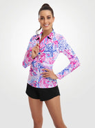 Marine Print Quarter-zip Long-sleeve Polo Shirt for Women