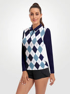 Blue Checkerboard Quarter-zip Long-sleeve Polo Shirt for Women 