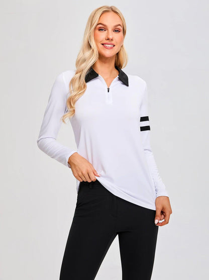 White Quarter-Zip Long-Sleeve Golf Polo Shirt for Ladies