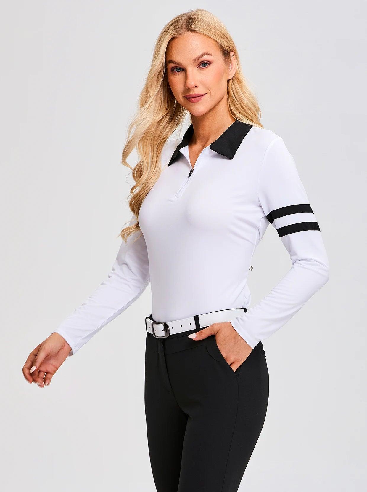 White Quarter-Zip Long-Sleeve Golf Polo Shirt for Ladies