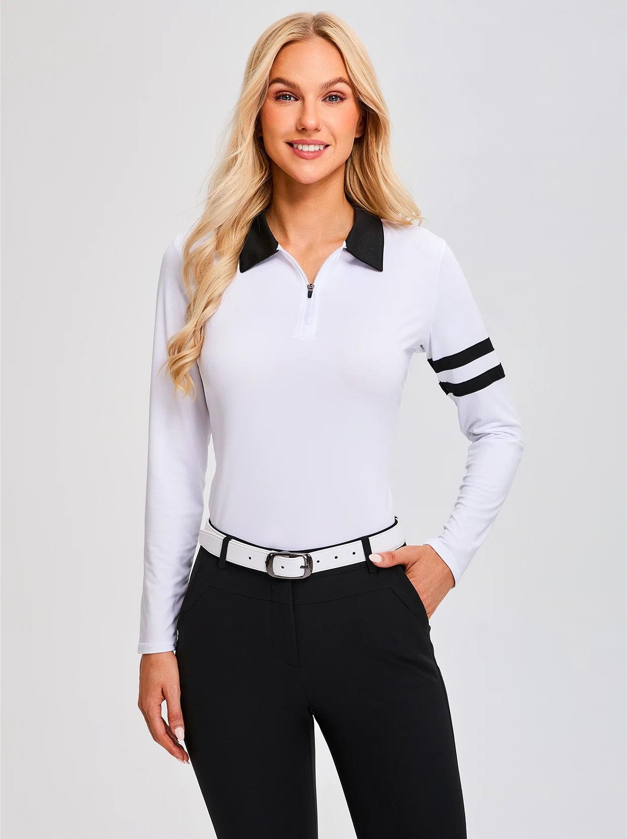 White Quater-Zip Long-Sleeve Golf Polo Shirt for Ladies