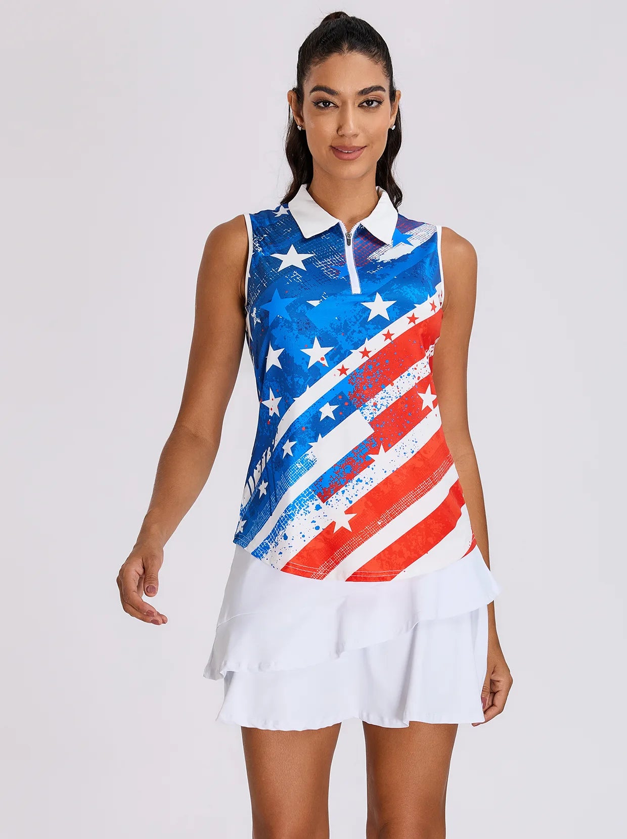 Blue Flag Pattern Quarter-zip Sleeveless Polo Shirts for Women