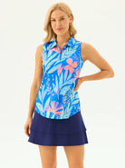 Blue Floral Quarter-zip Sleeveless Polo Shirt for Women 