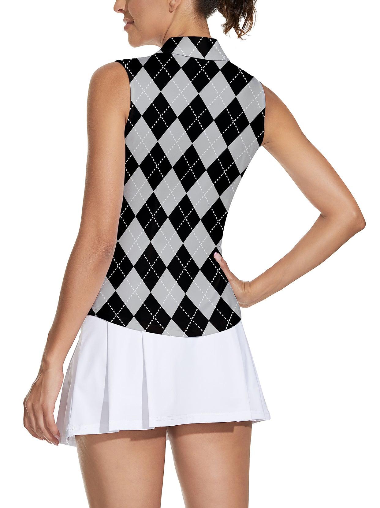 Soneven Ladies Golf Sleeveless Polo-💃🏼SO® Gray and Black Checkerboard Athletic Polo Shirts Moisture Wicking Tennis Shirts Golf Shirts Dry Fit