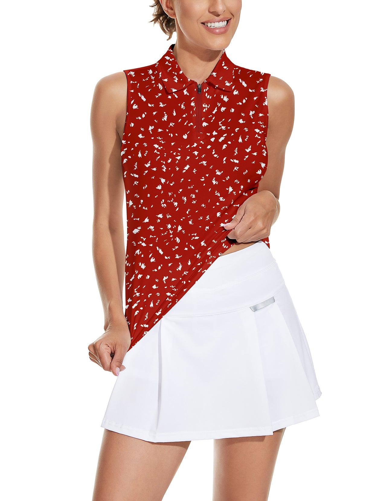 Ladies Sleeveless Golf Polo- 🏌🏿‍♀️SO® Red Print Athletic Polo Shirts Moisture Wicking Tennis Shirts Golf Shirt Dry Fit