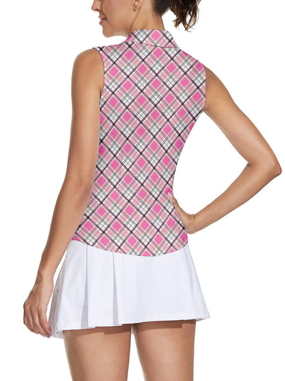 Soneven Ladies Golf Sleeveless Polo-Pink Checkerboard Athletic Polo Shirts Moisture Wicking Tennis Shirts Golf Shirts Dry Fit