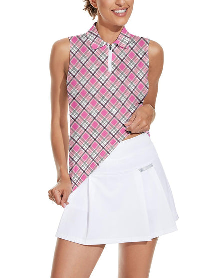 Soneven Ladies Golf Sleeveless Polo-Pink Checkerboard Athletic Polo Shirts Moisture Wicking Tennis Shirts Golf Shirts Dry Fit