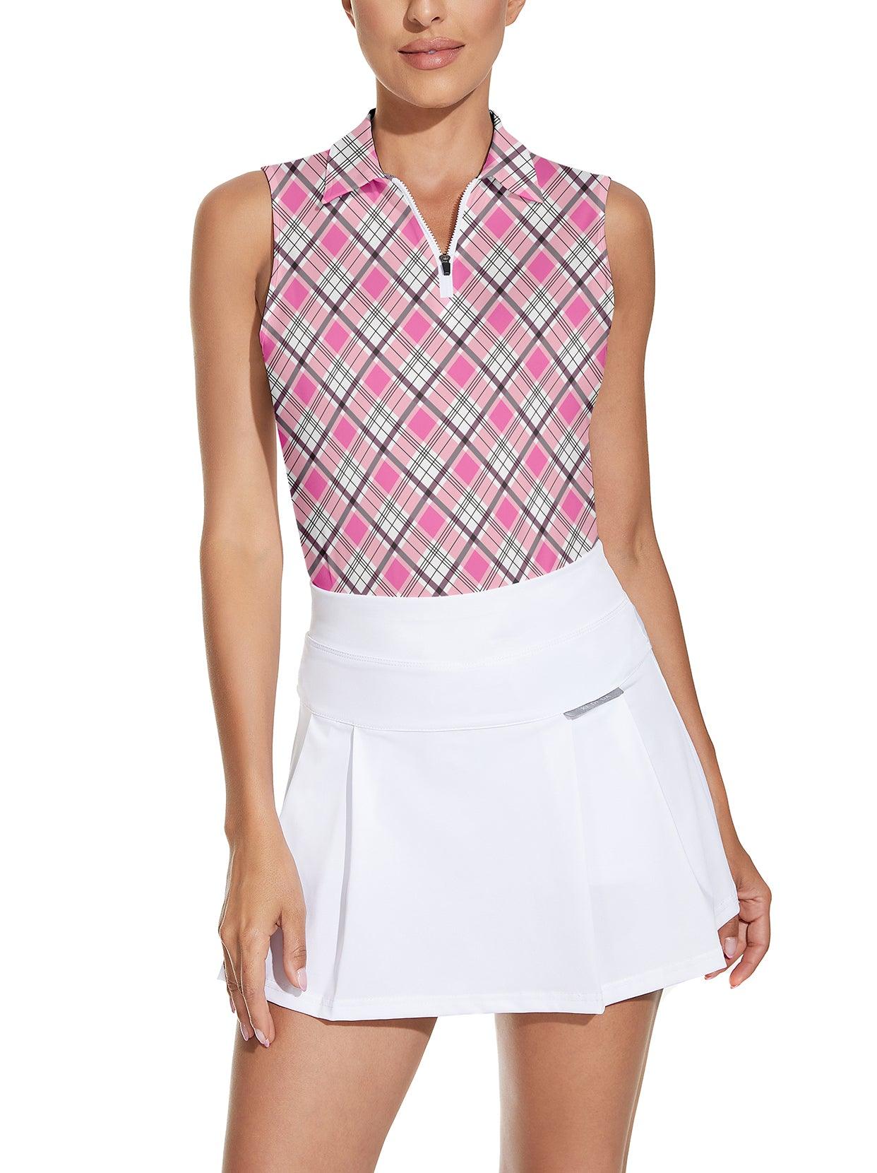 Soneven Ladies Golf Sleeveless Polo-Pink Checkerboard Athletic Polo Shirts Moisture Wicking Tennis Shirts Golf Shirts Dry Fit