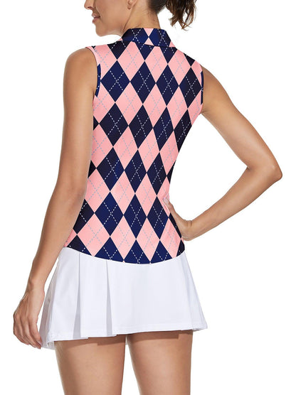 Pink and Blue Checkerboard Athletic Polo Shirts For Women