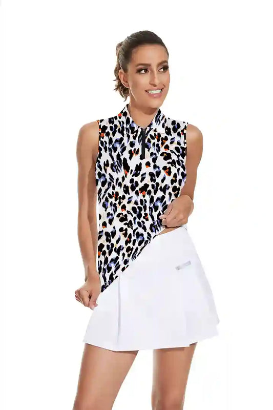 Leopard Print Quartet-zip Sleeveless Polo Shirts For Women