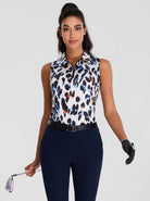 Leopard Print Quartet-zip Sleeveless Polo Shirts For Women