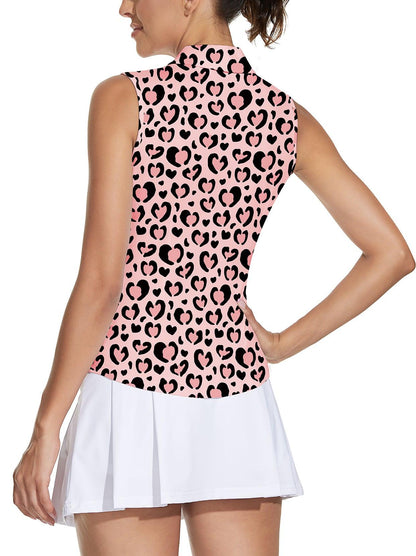 Ladies Sleeveless Golf Polo- 🏌🏿‍♀️SO® Leopard and Heart Athletic Polo Shirts Moisture Wicking Tennis Shirts Golf Shirt Dry Fit