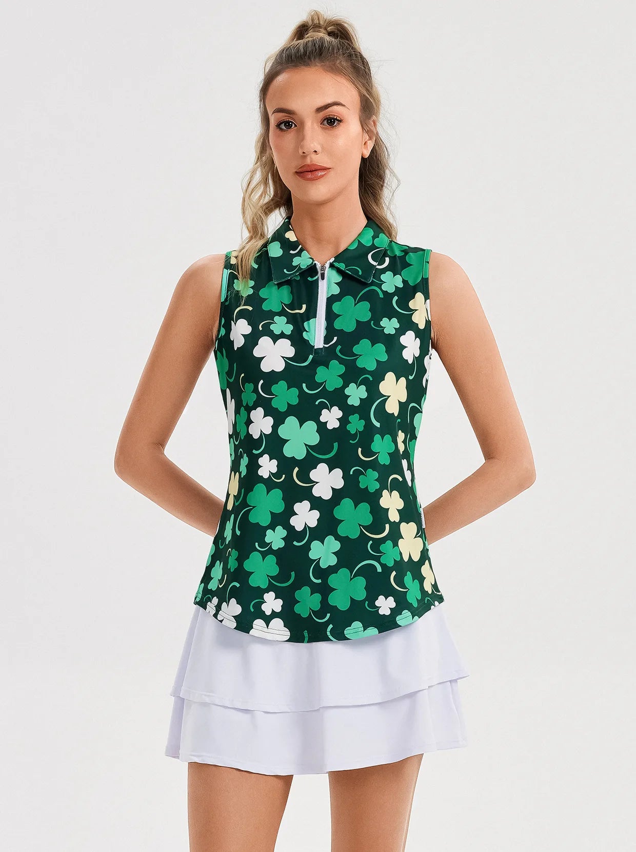 Green Clover Quarter-zip Sleeveless Polo Shirt for Women